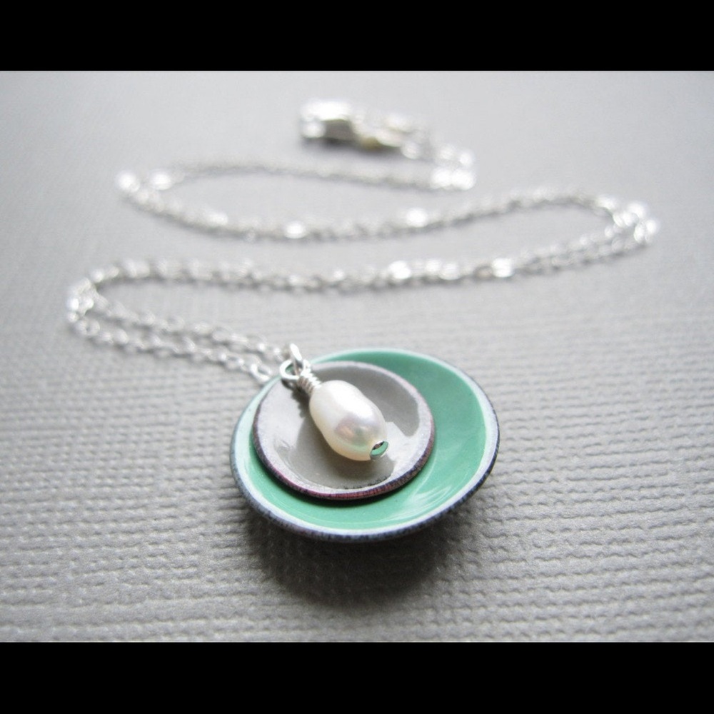 NEW Handmade Enamel Copper Disks & Freshwater Pearl Sterling Necklace